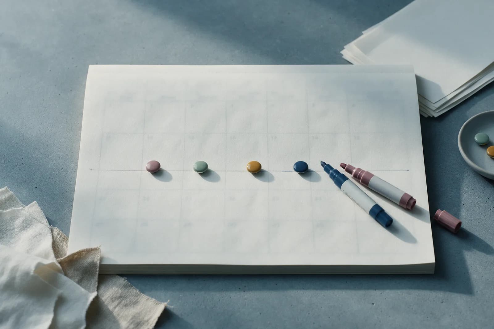 A blank ruled paper calendar on grey with four small coloured markers along a timeline and two marker pens beside it.