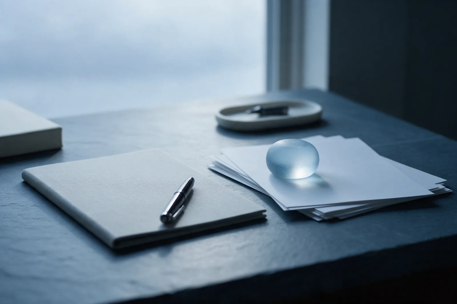 A blank folder with a capped pen and a frosted glass paperweight on a stack of blank sheets on a slate desk.