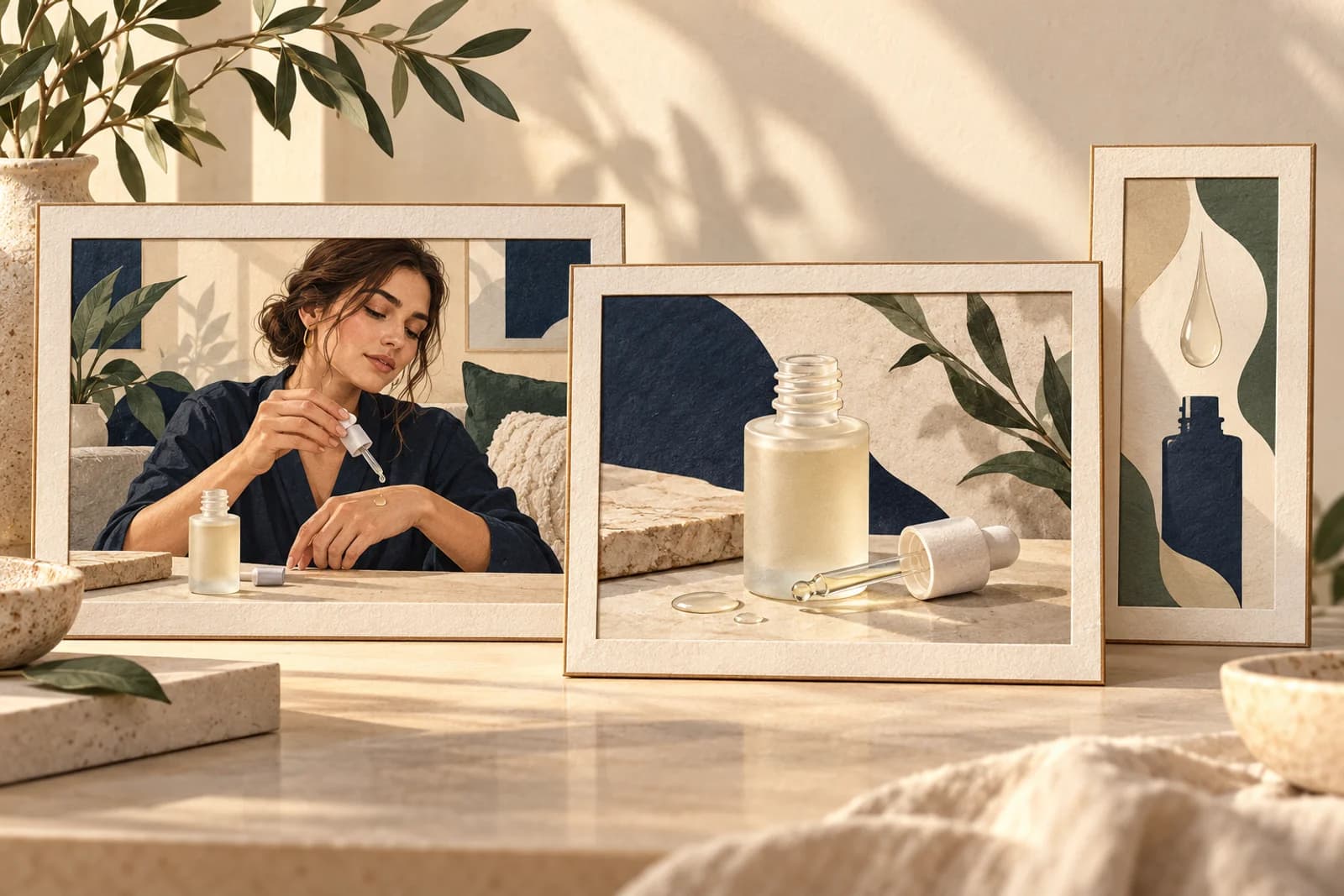 Illustrated horizontal and vertical frames show different ways to present a skincare product demonstration.