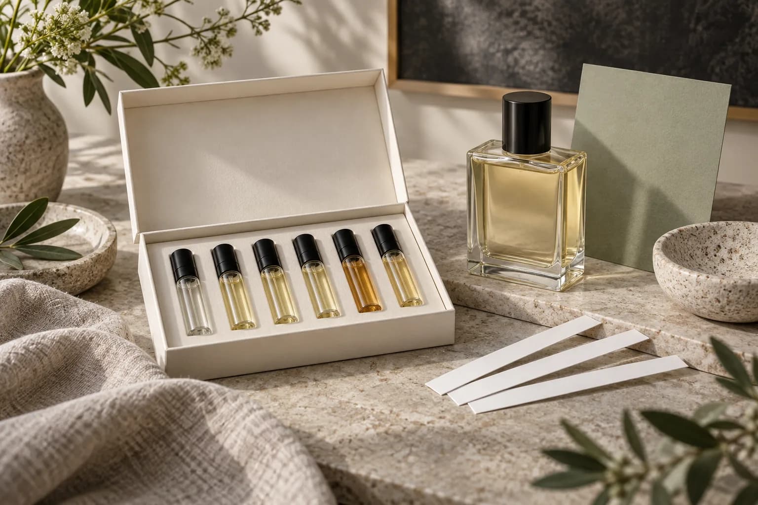 Illustrated fragrance discovery set with sample vials, blotter strips and a full-size bottle