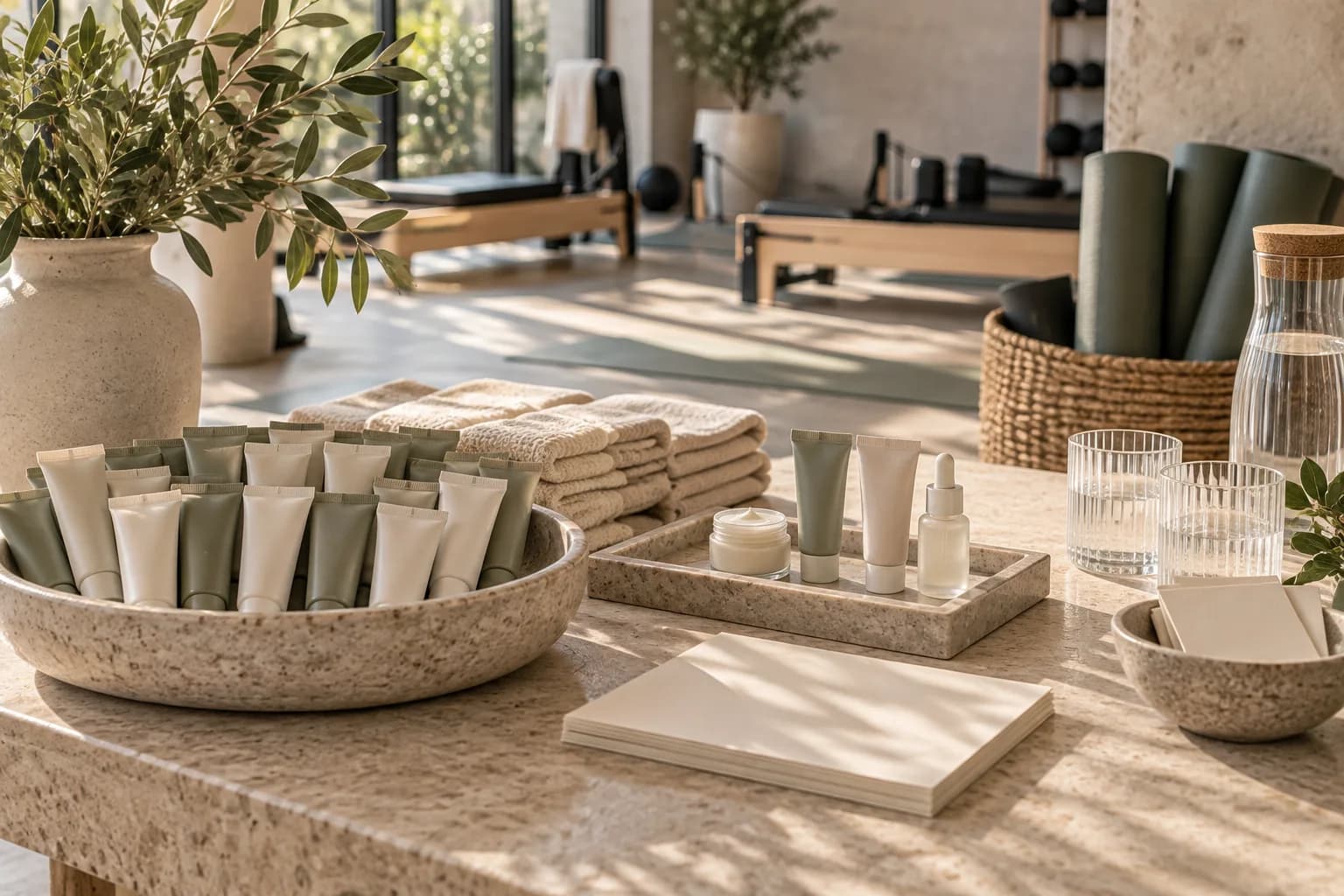Illustrated wellness studio sampling table with take-home cosmetic tubes, a separate tester tray and folded towels