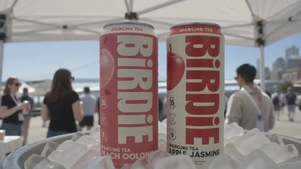 Birdie Peach Oolong and Apple Jasmine sparkling tea cans standing in ice at the outdoor market.