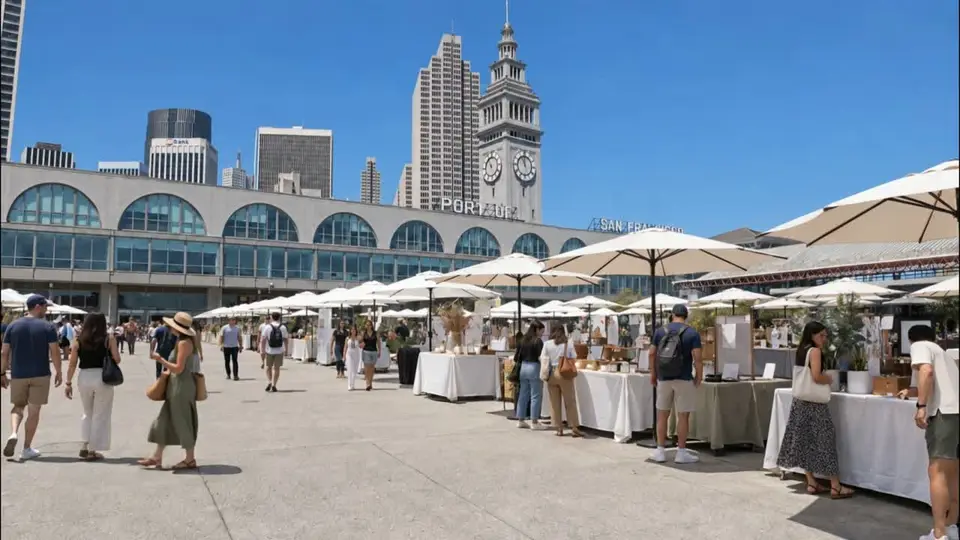 White market canopies and visitors in front of San Francisco's Ferry Building in Dahna's May footage.