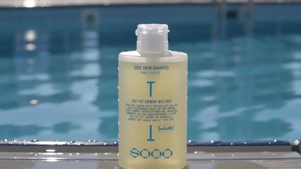 A SOOO swim shampoo bottle beside a swimming pool in the original interview's product footage.