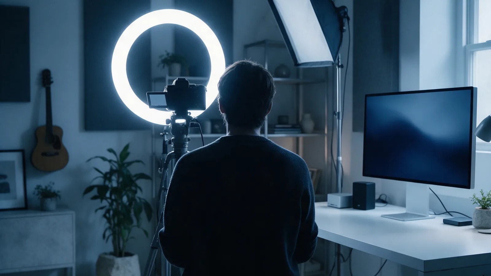A creator seen from behind on a stool facing a camera and a glowing ring light, a monitor and softbox in a home studio.