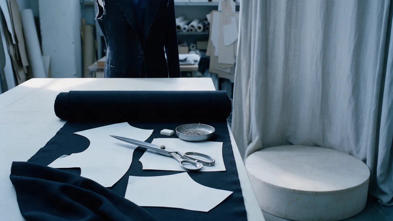 A tailoring table with black wool, paper pattern pieces and shears, a dress form and a curtained fitting platform beyond.